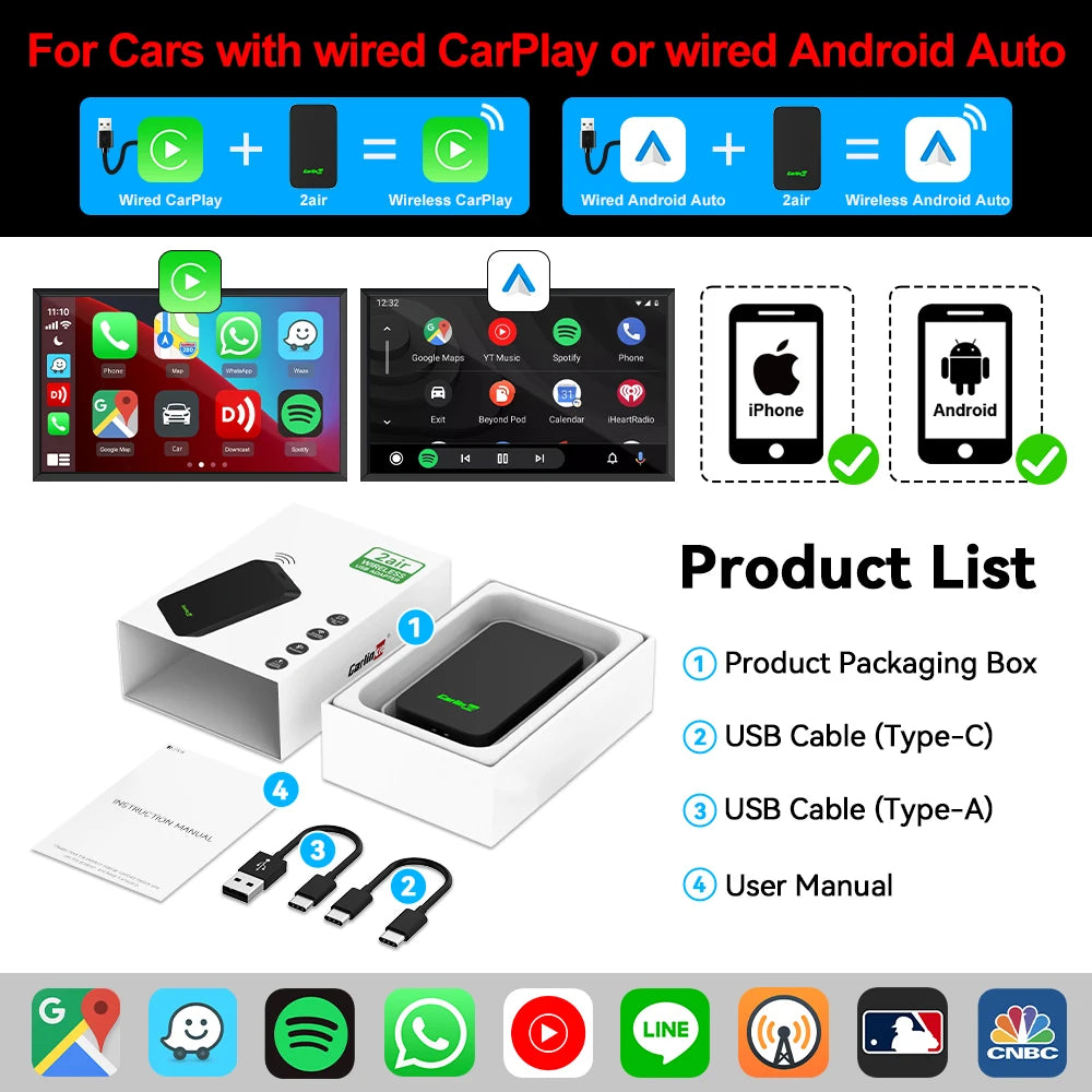 2026 CarlinKit 5.0 2Air Wireless Android Auto Box Portable CarPlay Wireless Dongle For Car Radio with Wired CarPlay/Android Auto