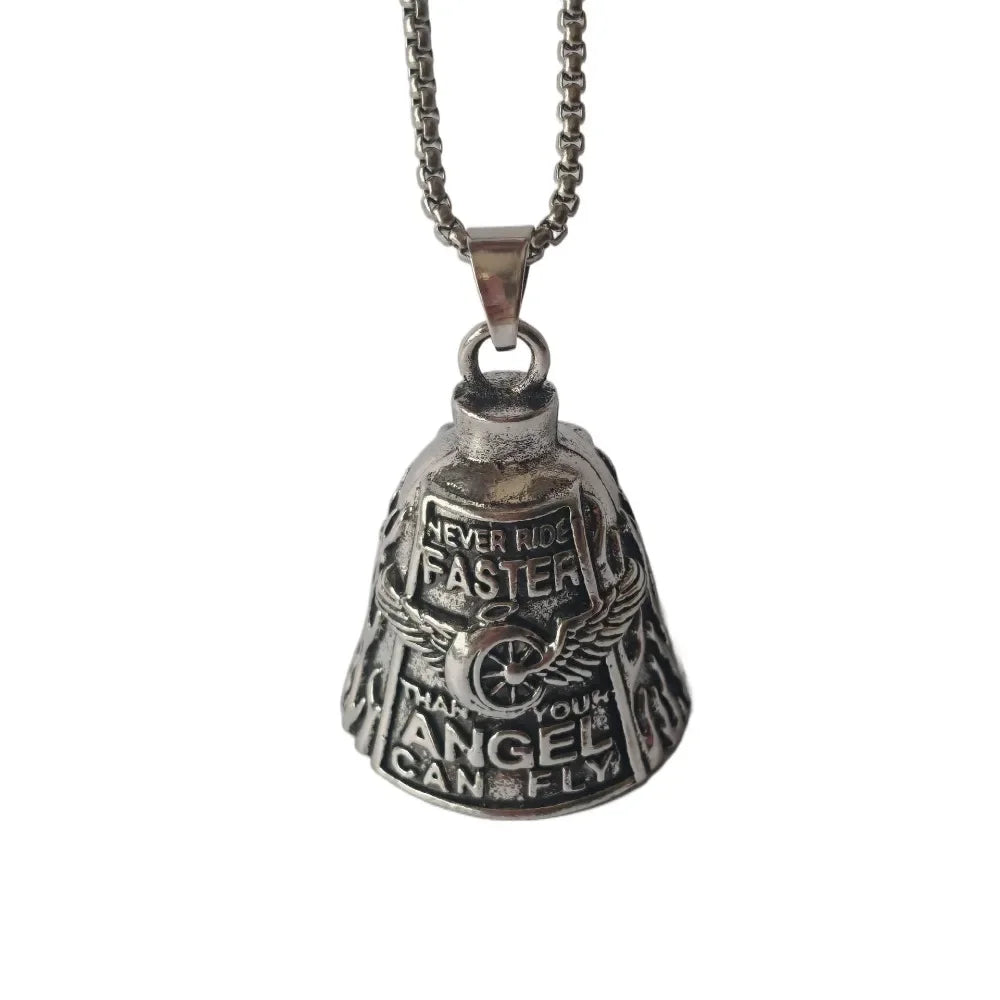 Vintage 3D Design Motorcycle Guardian Bell Retro Punk Style Angel Pendant Bell Alloy Wing Design Evil Spirit Trap Bell Men