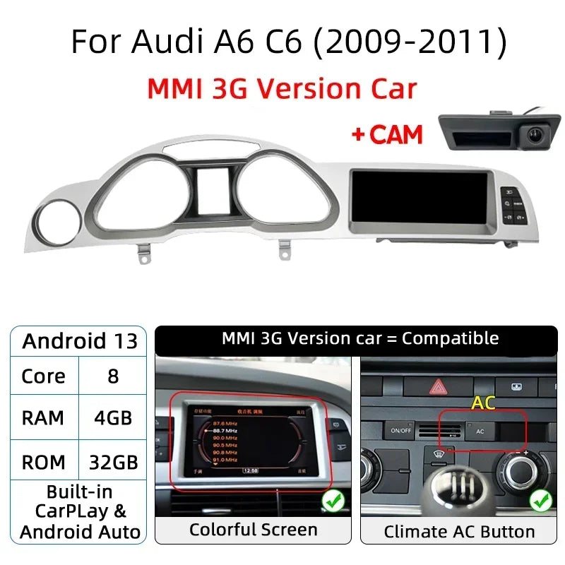 Android 14 8+128G Autoradio CarPlay Pour Audi A6 C6 4f 2005 2006 2007 2008-2011 MMI 2G 3G Lecteur Multimédia de Voiture Stéréo Wifi Navi