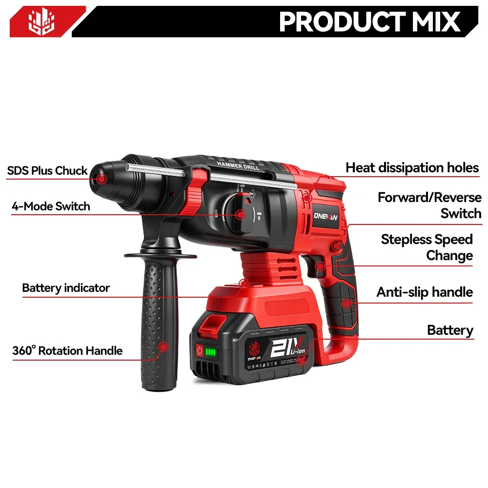 ONEVAN 3500W Brushless Electric Rotary Hammer 4000RPM Cordless Portable Impact Drill Screw Power Tool For Makita 18V Battery Pin