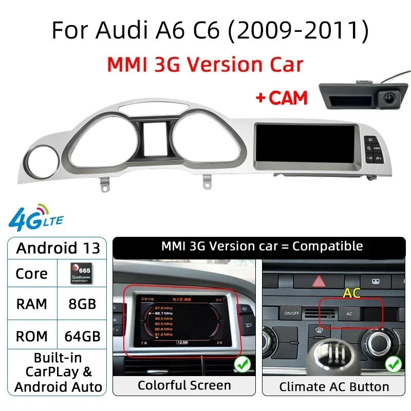 Android 14 8+128G Auto Radio CarPlay For Audi A6 C6 4f 2005 2006 2007 2008-2011 MMI 2G 3G Car Multimedia Player Stereo Wifi Navi