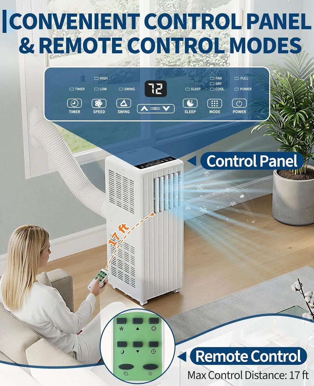 Portable Air Conditioner 8000 BTU, 3-in-1 Cool, Dehumidify & Fan, Covers Rooms Up to 350 Sq. Ft, Quiet Sleep Mode, Energy-Saving 24-Hour Timer, Includes Remote Control and Full Window Kit, White