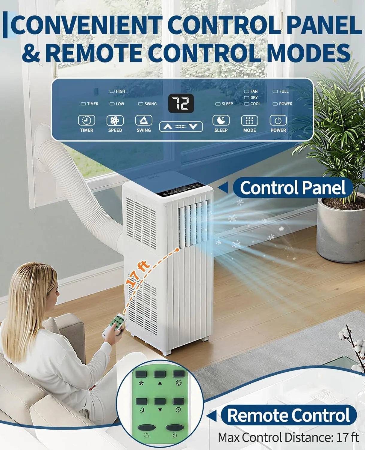 Portable Air Conditioner 8000 BTU, 3-in-1 Cool, Dehumidify & Fan, Covers Rooms Up to 350 Sq. Ft, Quiet Sleep Mode, Energy-Saving 24-Hour Timer, Includes Remote Control and Full Window Kit, White