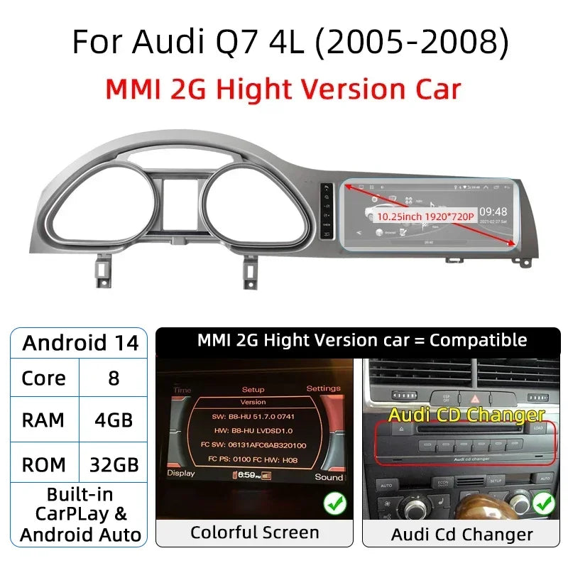 Android 14 8+128GB CarPlay For Audi Q7 4L 2005-2015 MMI 2G 3G GPS Car Multimedia Player Navigation Auto Radio Stereo DSP WIFI