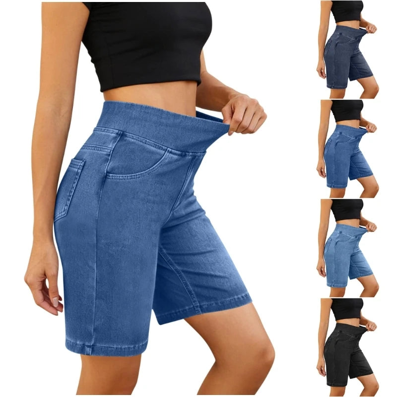 Women's Fit Stretch Jeans Shorts With Pockets Comfortable Casual High Waist Jeans Trousers Half Length For Daily Wear