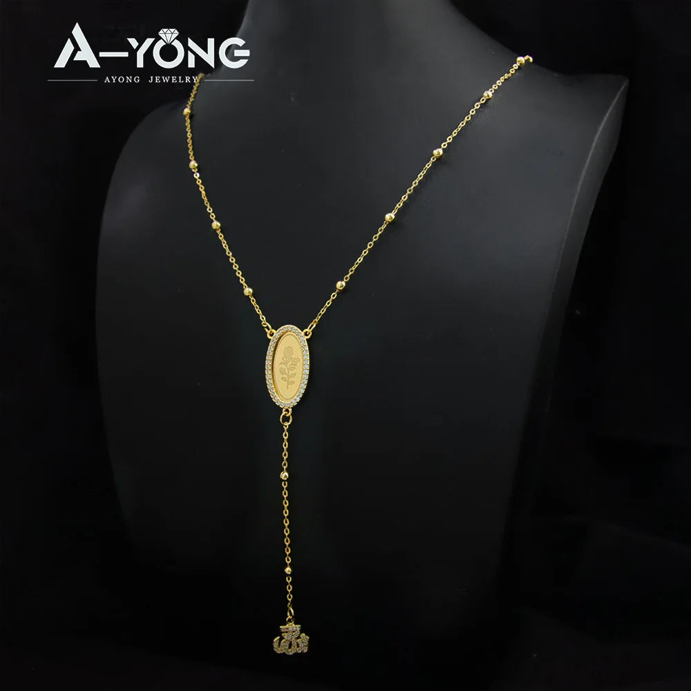 Italian Fashion Zirconia Necklace 21k Gold Plated Arabic Fashion Coins Pendant Chains Dubai Women Vintage Ayatul Kursi Jewelry