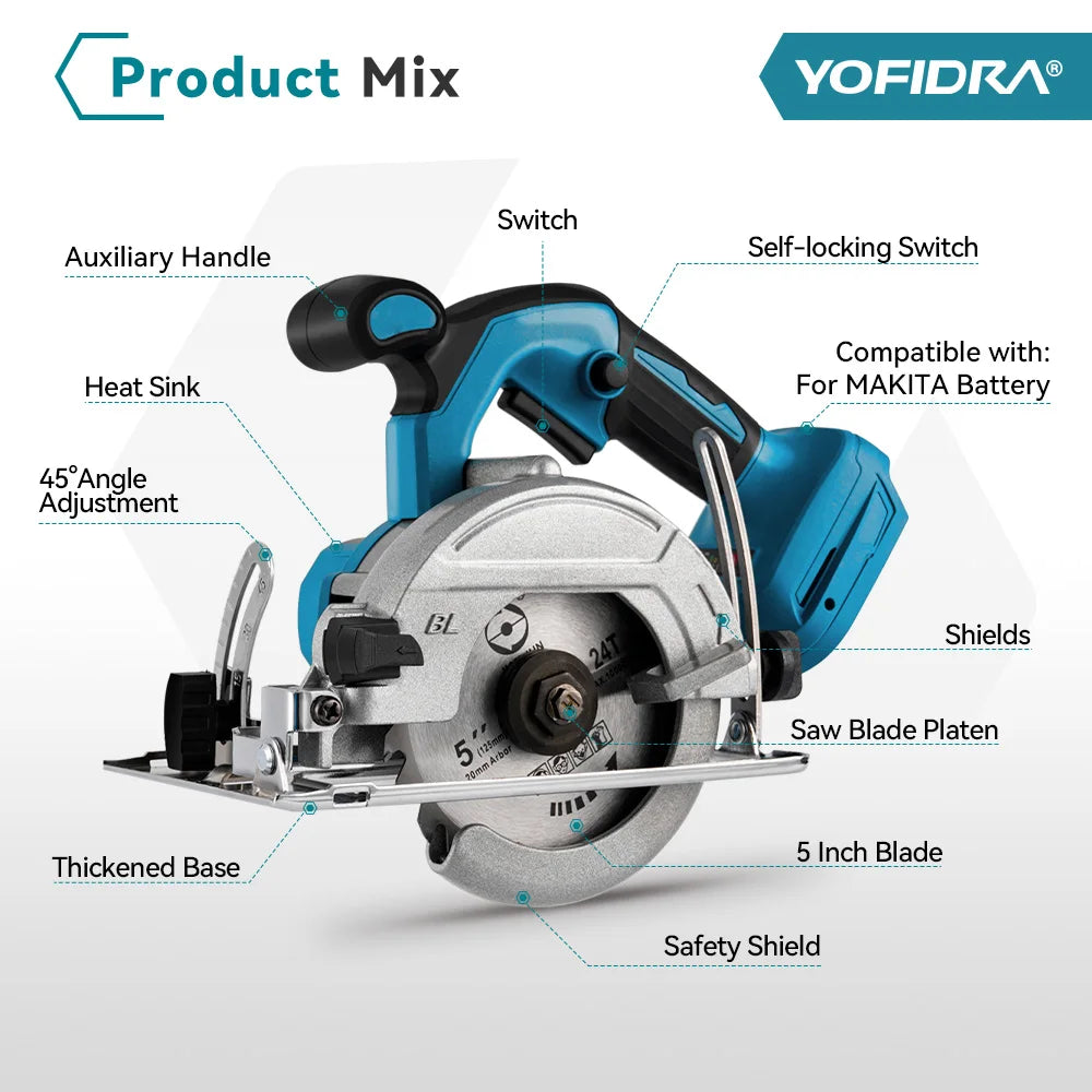 YOFIDRA 10800RPM 5/7 Inch Electric Circular Saw Handheld Multifunction Rechargeable Cutting Machine For Makita Battery Pin