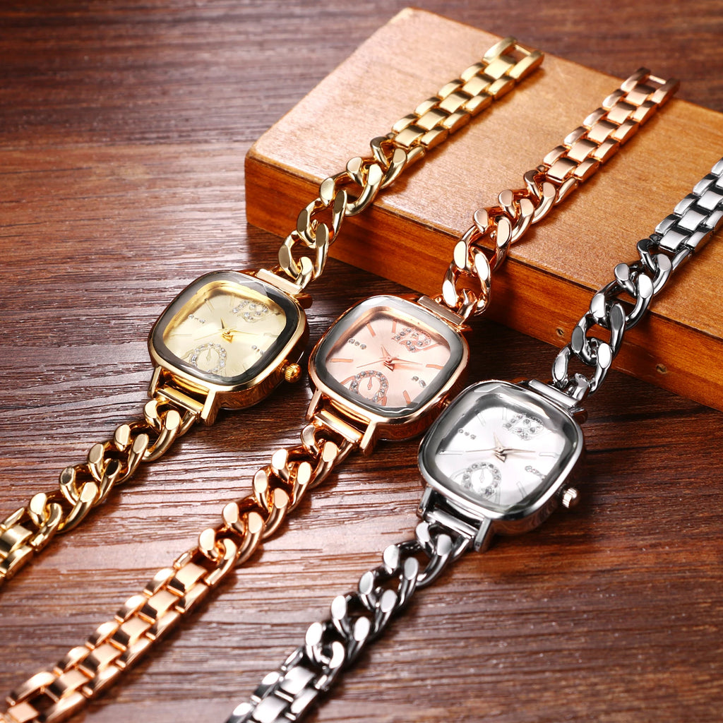 JEWELRYWE Women's Square Cuban Bracelet Watch Diamond Waterproof Strip Scale Adjustable Bracelet Exquisite Fashion Women's Watch