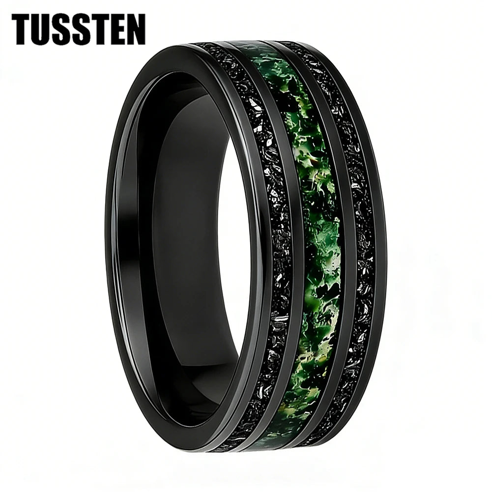 TUSSTEN 8MM Men's and Women's Wedding Tungsten Ring Inlaid Moss Agate And Meteorolite Inlay Comfortable Fit