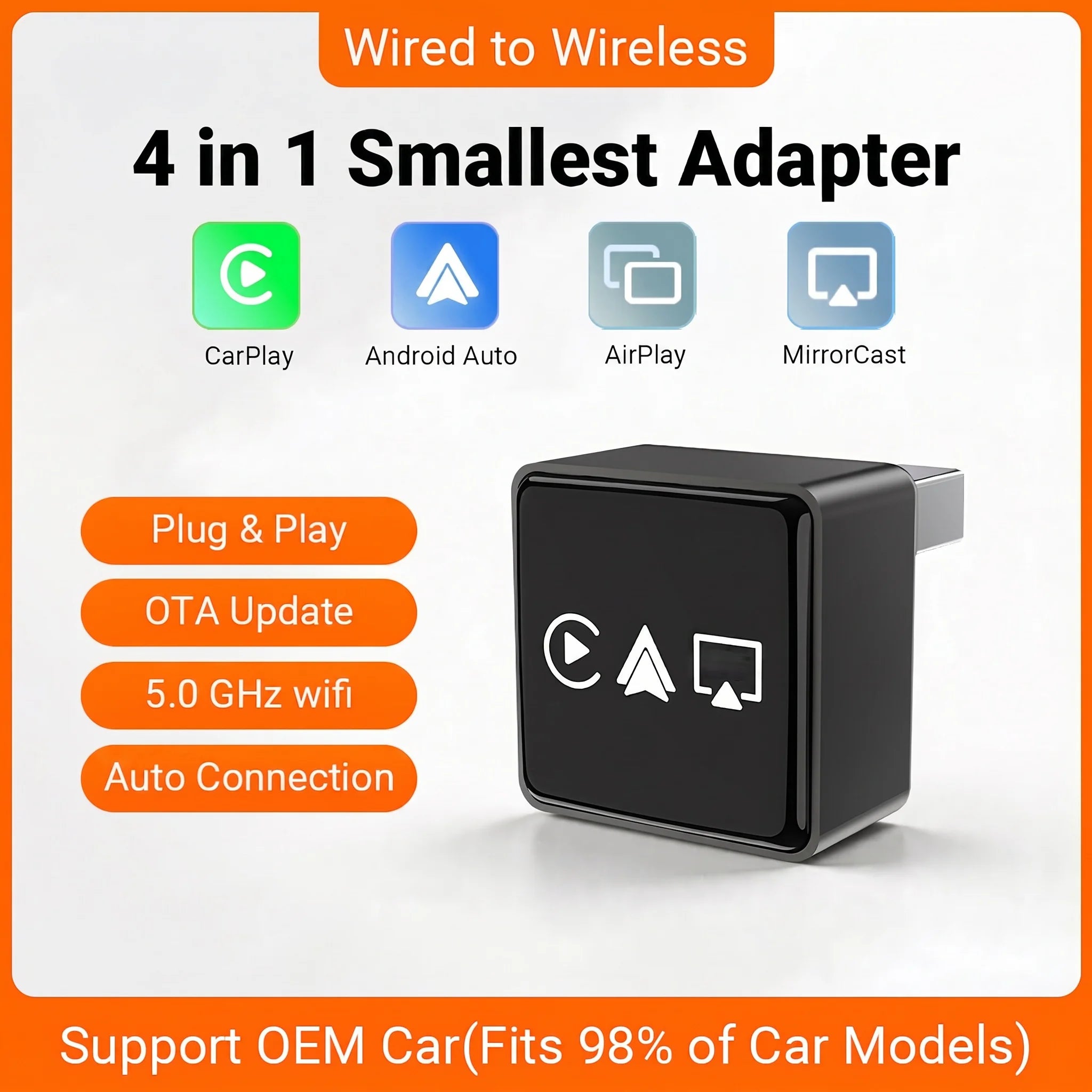 2026 NEW Upgraded Wired To Wireless Carplay Android Auto 2In1 Adapter Car Gadget Smart Box Plug and Play 5Ghz Wifi Fast Connect