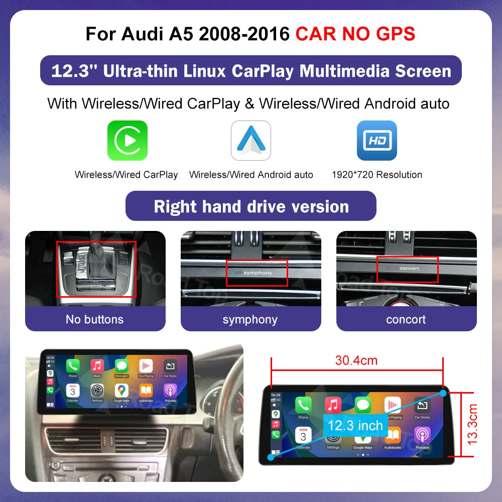 Linux 8.9/12.3inch Car Multimedia Touch Screen For Audi A5 2008-2016 with Wireless CarPlay Android Auto Airplay Function