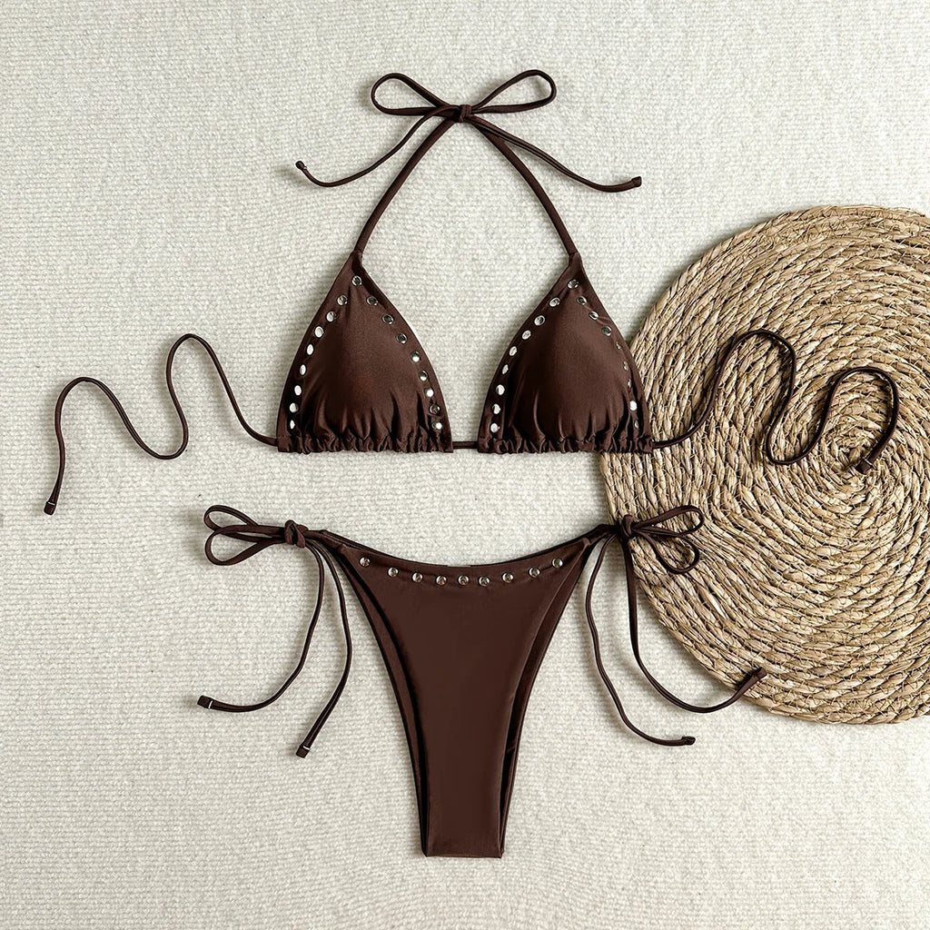 Sexy Black Rivet Holes Micro Bikini Thong Set Swimsuit Women 2026 String Halter Triangle Swimwear Bathing Suit Bikinis De Mujer