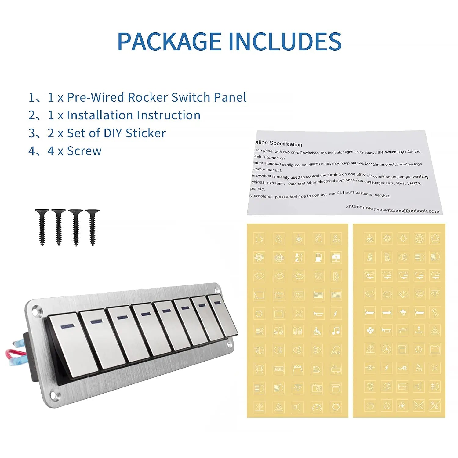 Durable metal 2-8Gang rocker switch panel with LED light, waterproof and overload protection for car card, vehicle and vessel