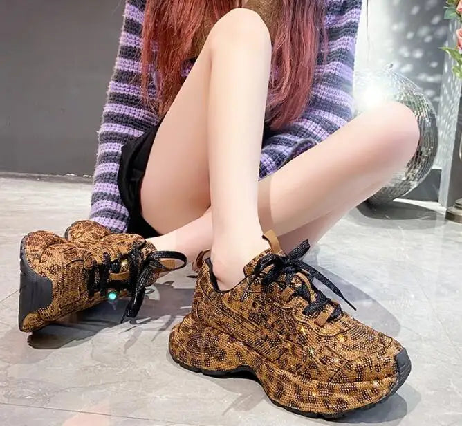 Luxury Women Bling Running Shoes Chunky Sneakers Fashion Casual Genuine Leather Breathable Height Increased Flat Platform Shoe