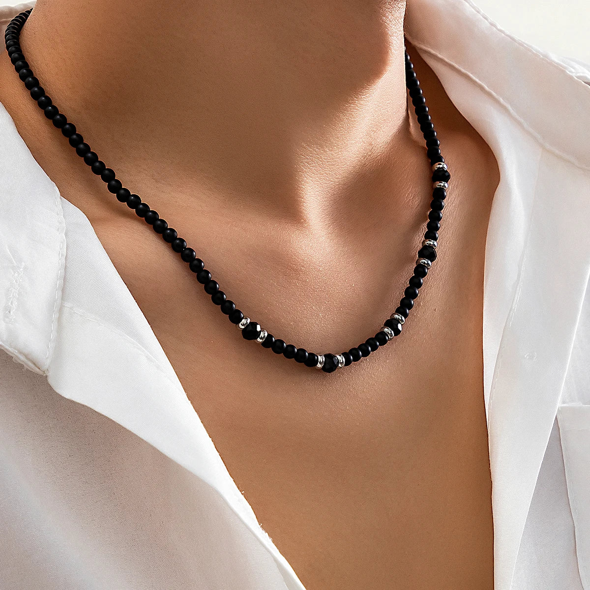 PuRui Hip Hop Acrylic Crystal Beads Strand Necklace for Men Black Choker Collar Simple Jewelry On The Neck Party Gift Street