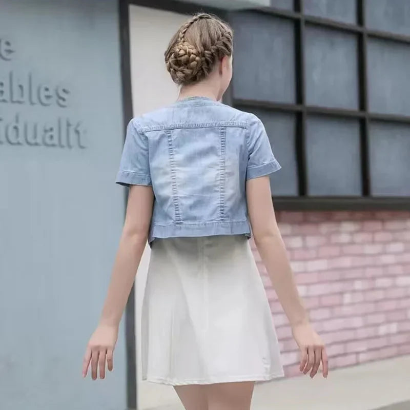 Lucyever Korena Veste Courte Y2K Femme Décontractée à Manches Courtes en Jean Blousons pour Femmes Été Fin Simple Boutonnage Jean Manteau