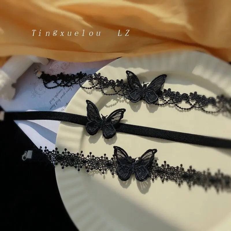 Black lace necklace with collarbone chain, exuding a super fairy temperament. Three dimensional butterfly choker necklace, handm