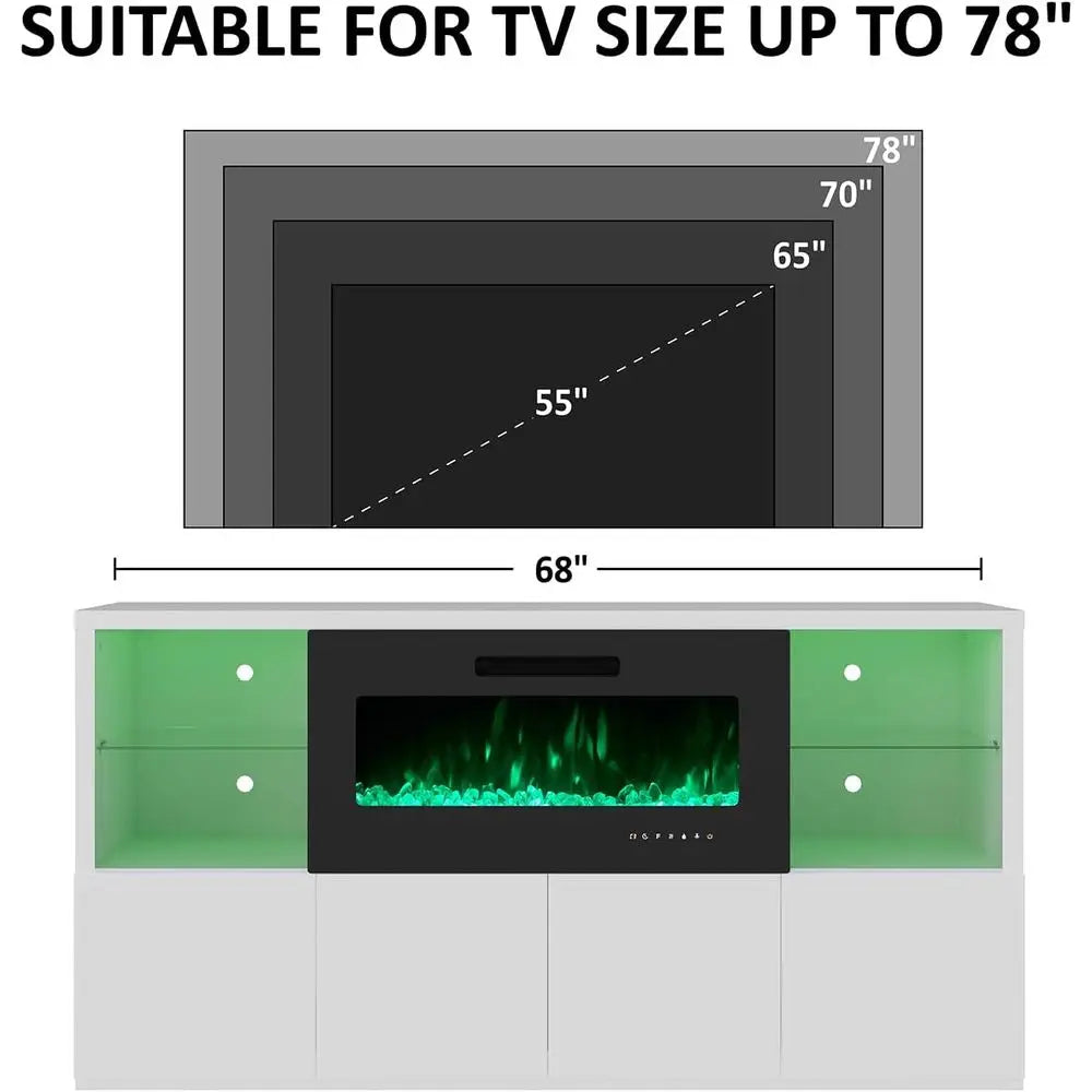 68'' Fireplace TV Stand with 40'' Fireplace, Modern High Gloss Fireplace Entertainment Center with LED Lights for TVs up to 78''