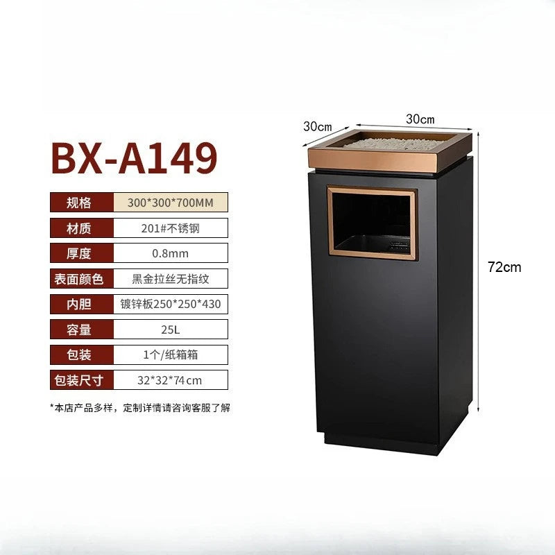 30x30x72cm Stainless Steel Trash Can Commercial Hotel Lobby Elevator Entrance Public Corridor Vertical Waste Bin with Ashtray