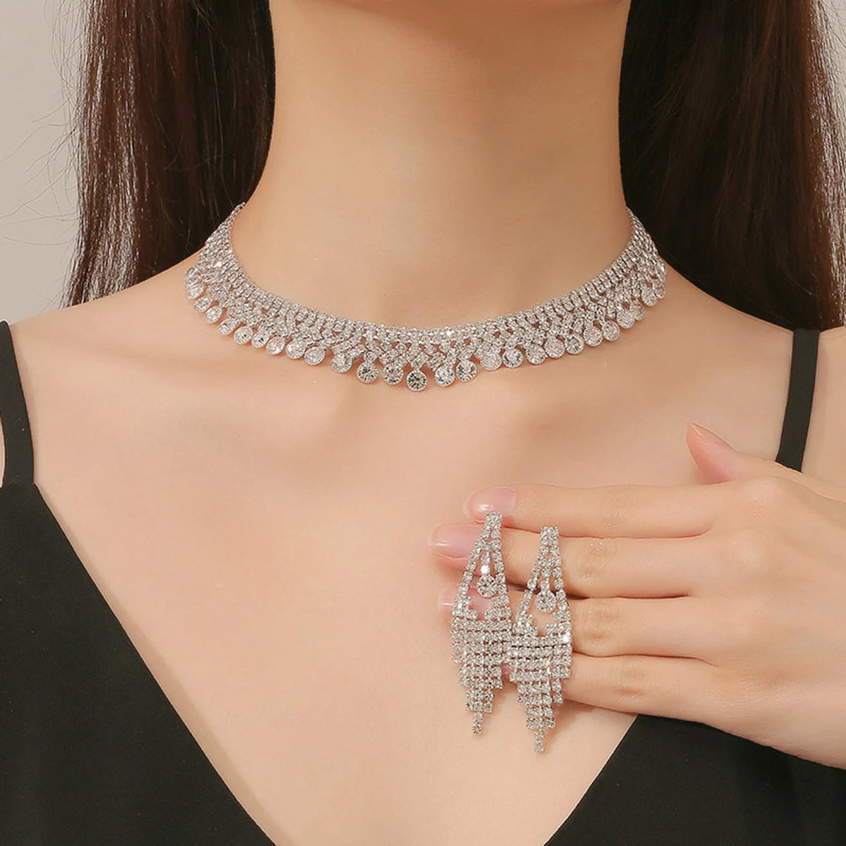 3pcs Women's Jewelry Set Rhinestone Earrings Necklace New Wedding Party Luxury Fashion Accessories-4068