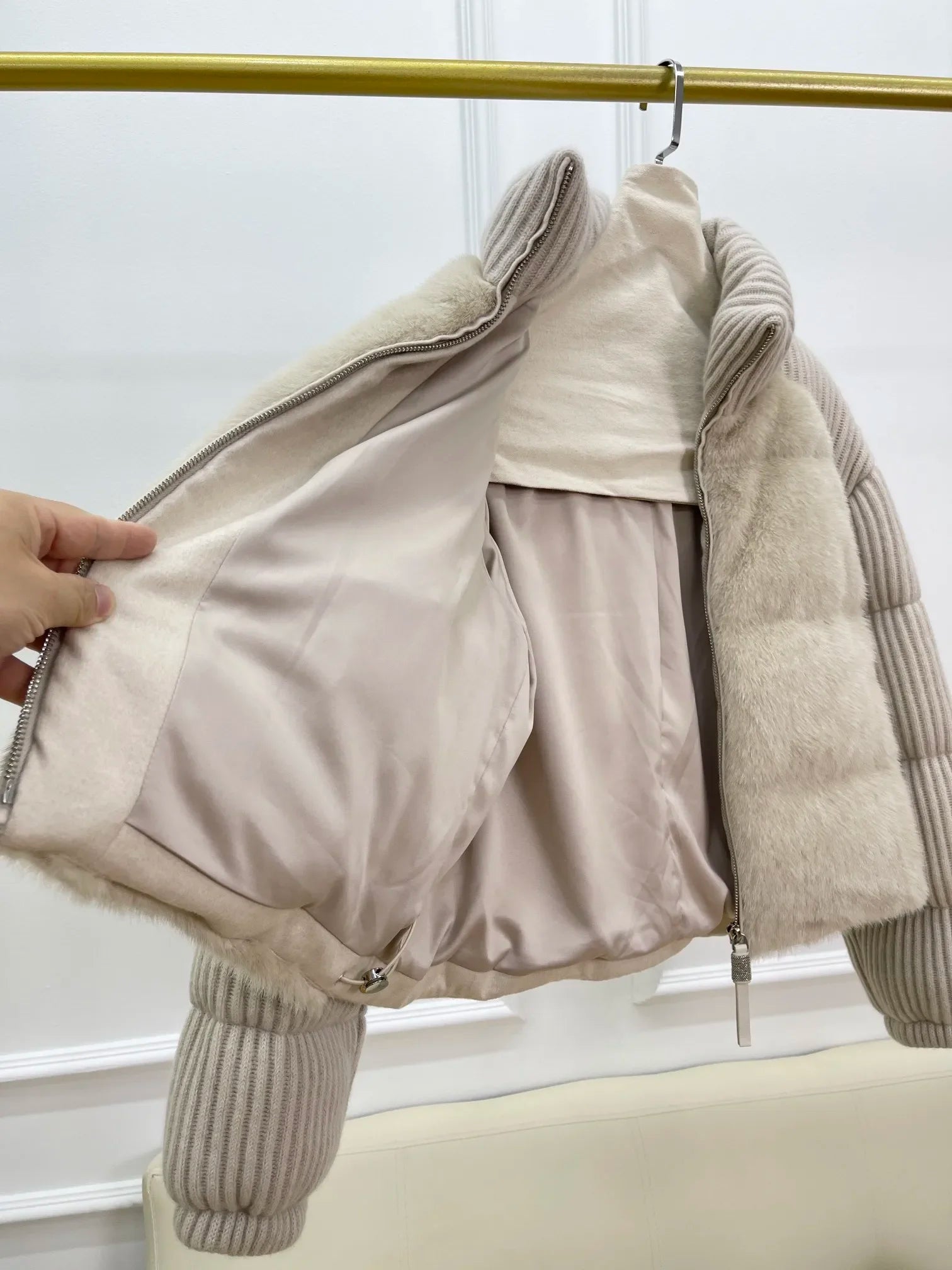 Retro high neck cashmere wool knitted splicing women's goose down down jacket classic casual commuting short jacket