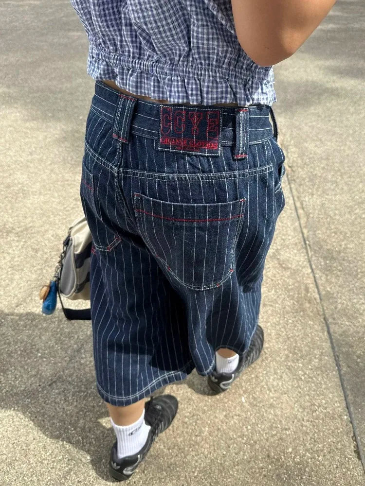 Harajuku Y2k Women's Light Blue Calf Length Cargo Jeans Baggy Denim Trousers Japanese 2000s Oversize Jean Pants Vintage Clothes