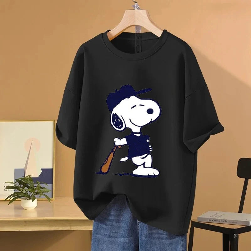 Snoopy Baseball Cartoon Anime Women T-shirt Summer Short Sleeve 100% Cotton Men Tee Shirts Tops 2025 New Fashion Couple Clothes