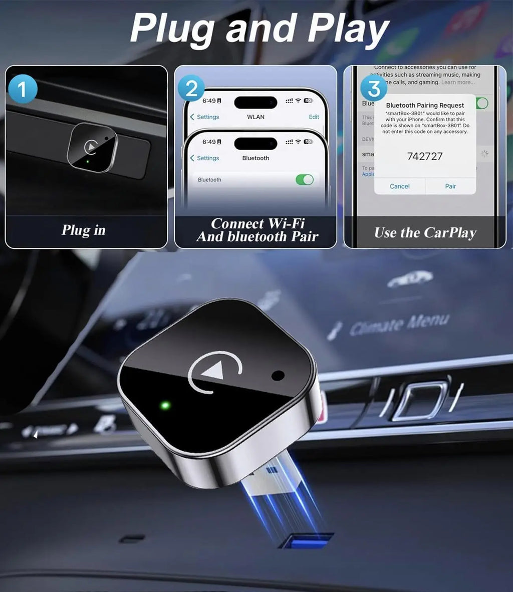 Dongle CarPlay et Android Auto sans fil, connexion automatique rapide, Plug & Play compact pour iPhone/Android, USB/USB-C, sans latence