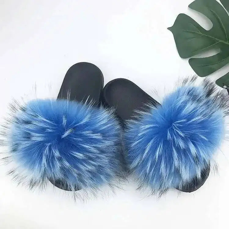 Real Raccoon Fur Slippers For Women 2023 Summer Fluffy Indoor House Fuzzy Flat Slides Outdoor Fashion Beach Sandals Flip Flops