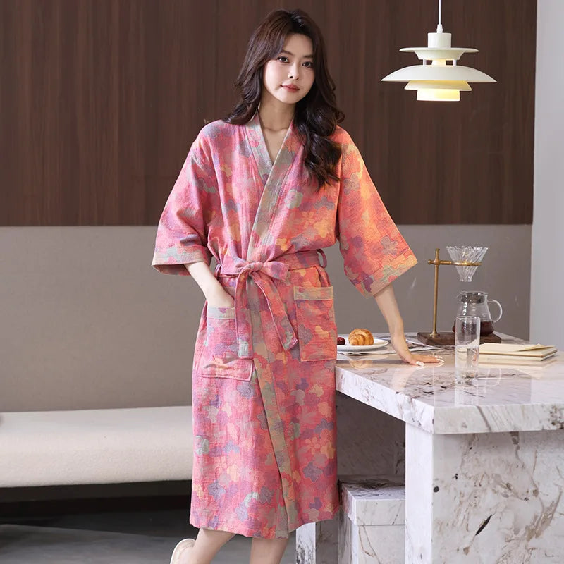 Spring and Summer Thin Cotton Double-layer Bathrobe Pajamas Home Wear Ladies's Absorbent Quick Drying Yukata Robes