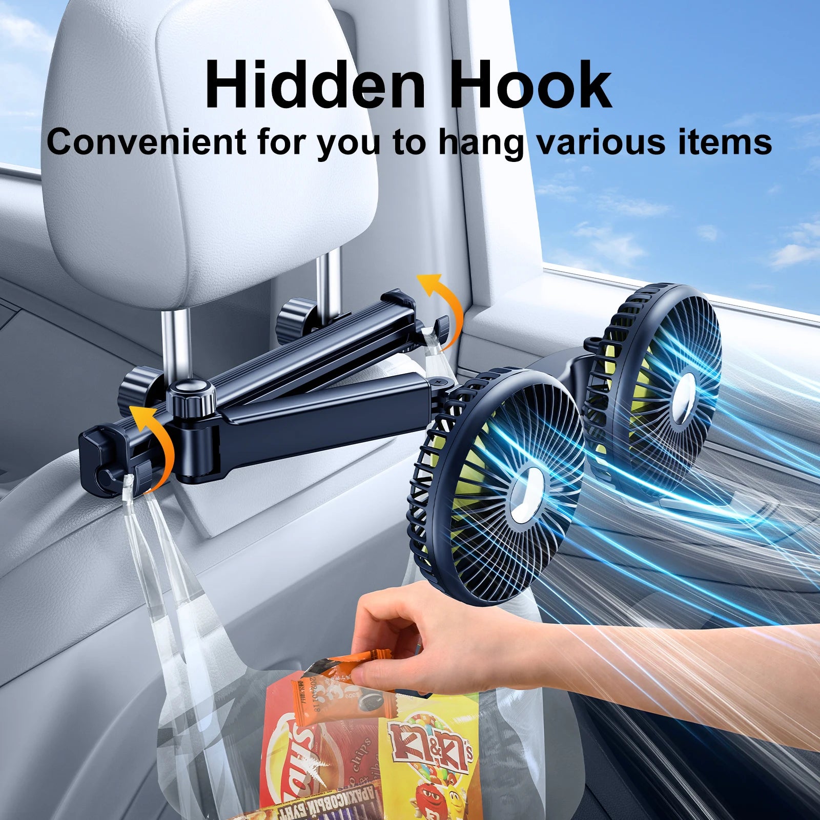 Eary Car Dual Head Fan Mount for Back Seat Headrest Air Cooler Fan With 2 Hooks Long Arm Adjustable 3 Speeds For Truck SUV Sedan