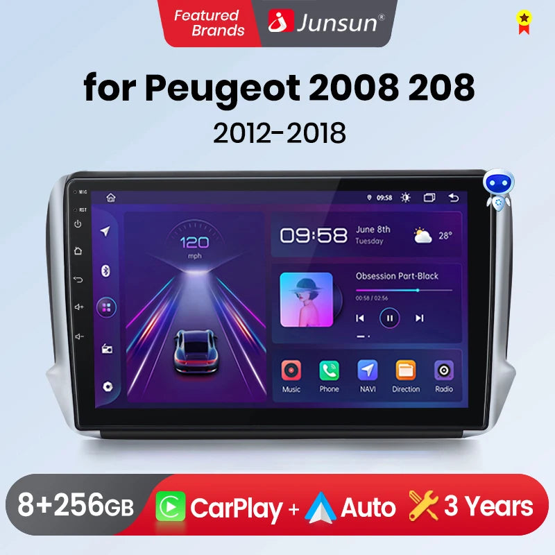 Junsun Wireless CarPlay Android Auto Car Radio For Peugeot 2008 208 2012 - 2018 GPS Multimedia 2 din