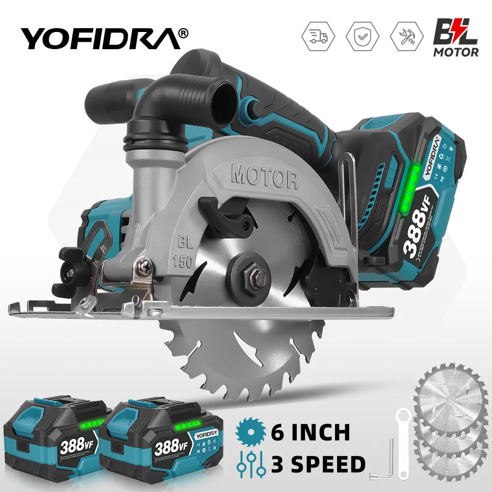 YOFIDRA Scie circulaire électrique sans balais 6 pouces, outil de coupe portatif pour bois et tuyaux en PVC avec profondeur de coupe de 55 mm, compatible batterie Makita