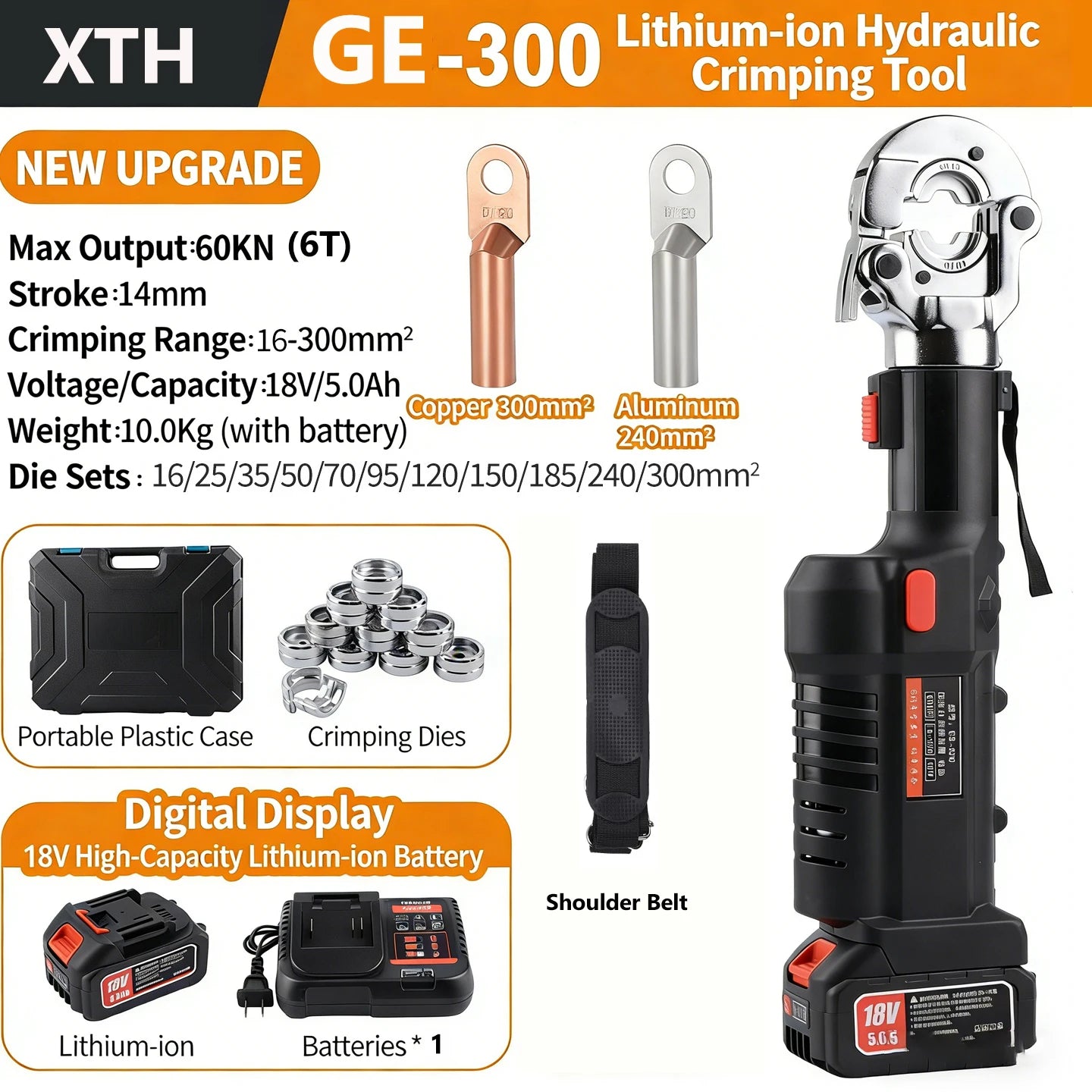 Kit de pince à sertir électrique hydraulique avec 12 matrices, pince à sertir pour cosses de fil en cuivre et aluminium de 6 AWG à 800 MCM
