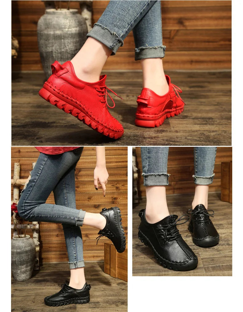 Handmade Genuine Leather Women Shoes Fashion Casual Sneakers Retro Flats Ladies Lacing Loafers Breathable Vulcanized Shoes