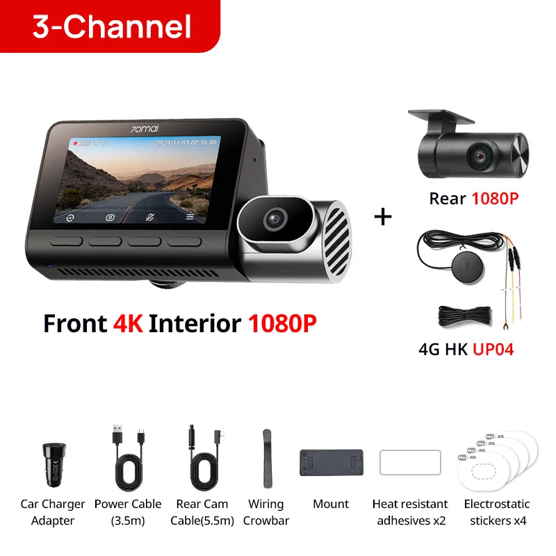 70mai T800 3-Channel HDR Car DVR Front 4K+Rear 4K/1080P+Interior 1080P Voice Control Super Capacitor GPS ADAS Support 4G Wifi 6