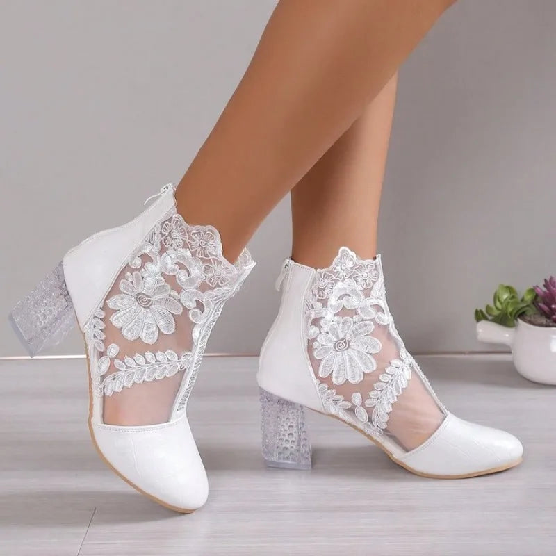 NEW Ethnic Style Women Retro Lace Embroider High Heels Ankle Boots Spring Autumn Round Toe Platform Cool Boot Thick Heeled Pumps