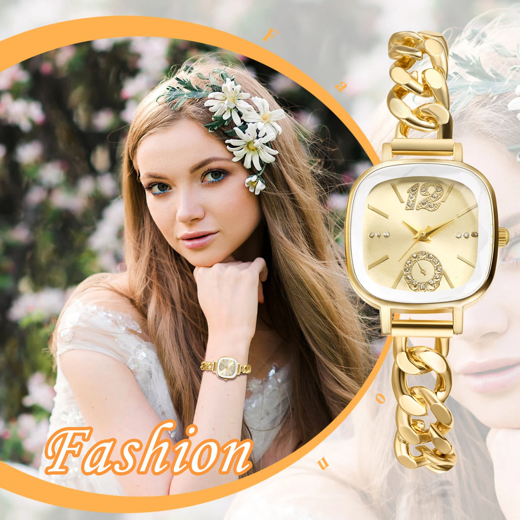 JEWELRYWE Women's Square Cuban Bracelet Watch Diamond Waterproof Strip Scale Adjustable Bracelet Exquisite Fashion Women's Watch