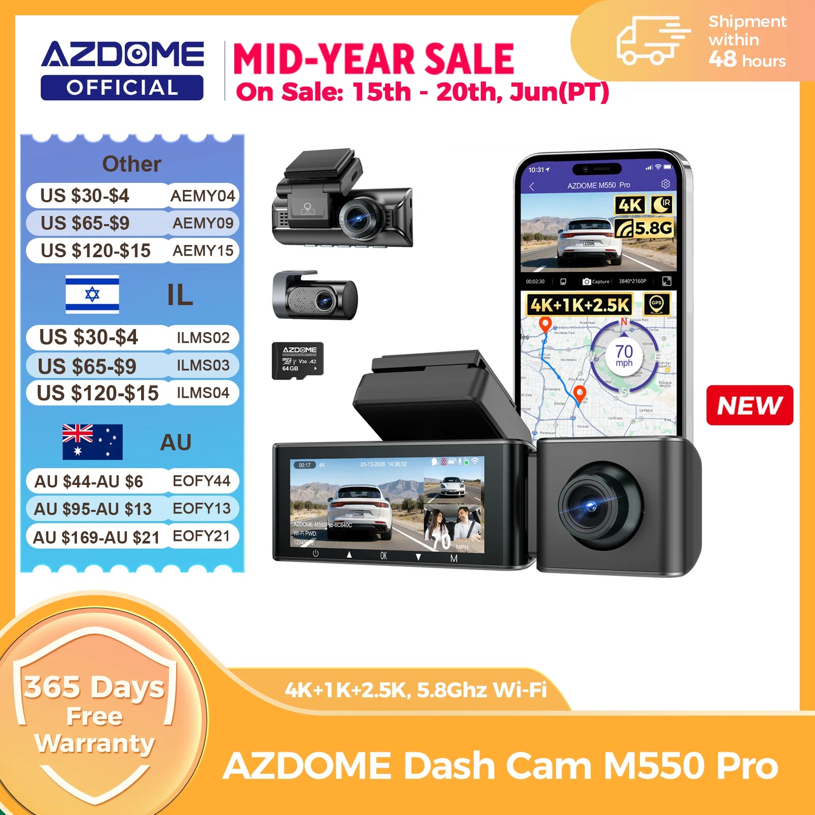 AZDOME M550 Pro Dash Cam Car DVR 5.8Ghz WiFi 3.19" IPS 2 or 3 Channel Dash Camera GPS Night Vision Dual 4K+1080P Parking Monitor