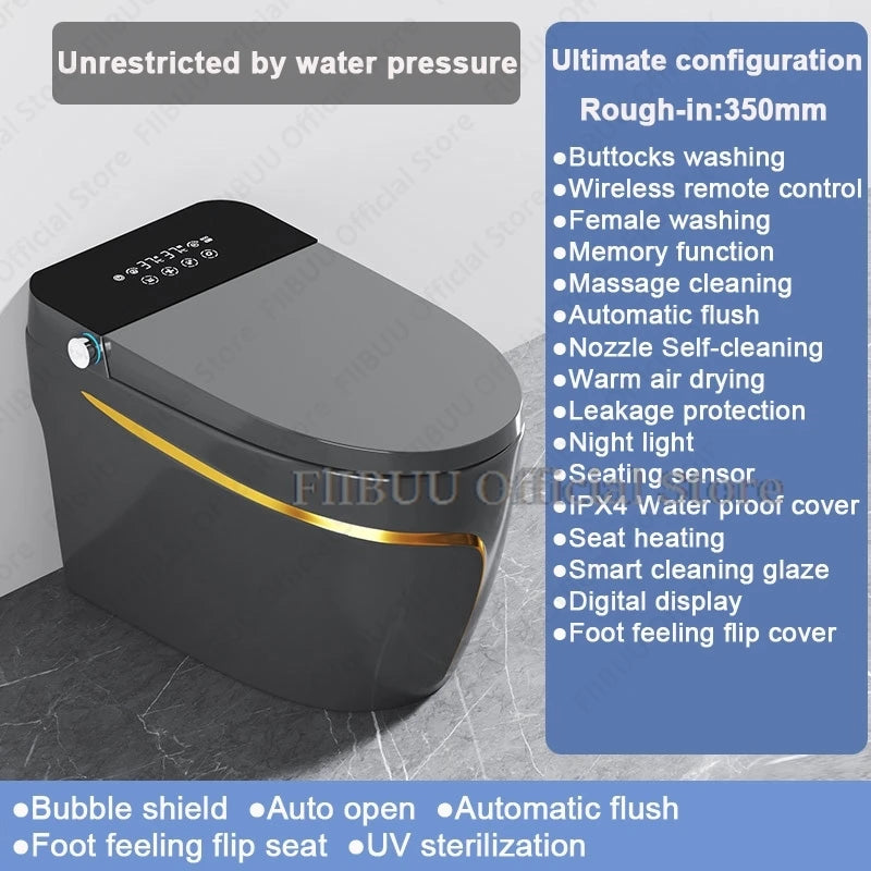 One Piece Elongated Smart Toilet Bidet Built-in Water Tank No Water Pressure Limit Display Screen AutoOpen AutoFlush Heated Seat