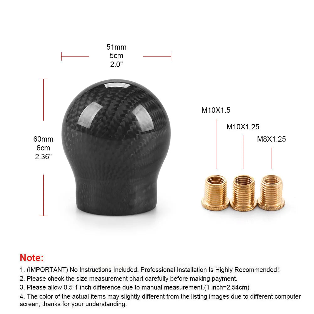 JDM Style Oval/Sphere Carbon Fiber Manual Gear Shift Knob M12*1.25 With 3 Adapters M8*1.25, M10*1.25, M10*1.5 Shift Head Knob