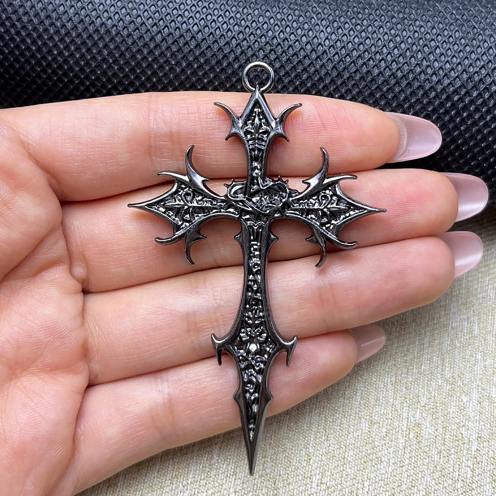 2pcs New Gothic Punk Double Sided Cross Pendant Vintage Ethnic Pattern Alloy Exaggerated Statement Necklace for Women Men