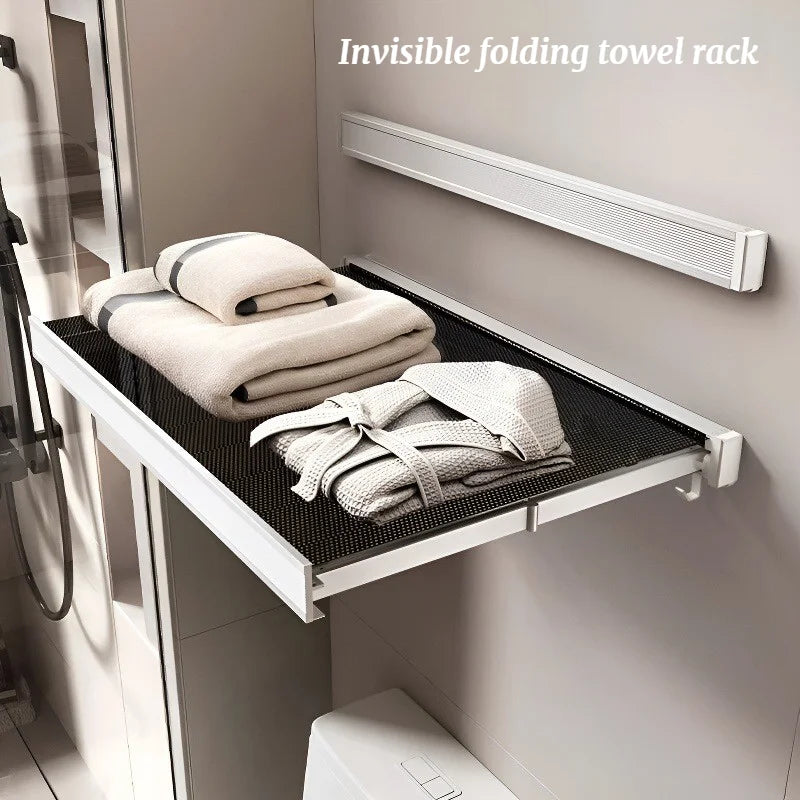 Étagère de rangement pliable et rétractable pour salle de bain, sans perçage, pour ranger vêtements, serviettes et serviettes de bain