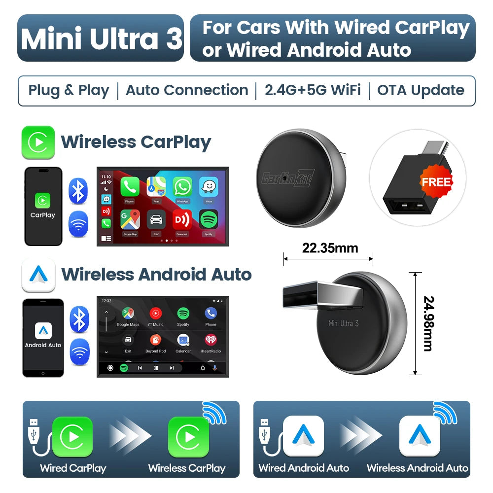 Mini Ultra 3 CarlinKit Wireless Android Auto & CarPlay Adapter 2.4Ghz&5Ghz WiFi BLE Auto Connect OTA Upgrade Mini Smart Car Box