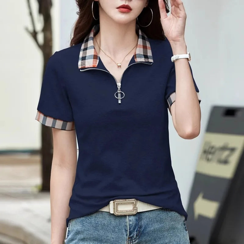 T-shirt à carreaux et col polo à manches courtes style européen pour femme, nouvelle mode estivale, haut ample en coton pur, léger et luxueux