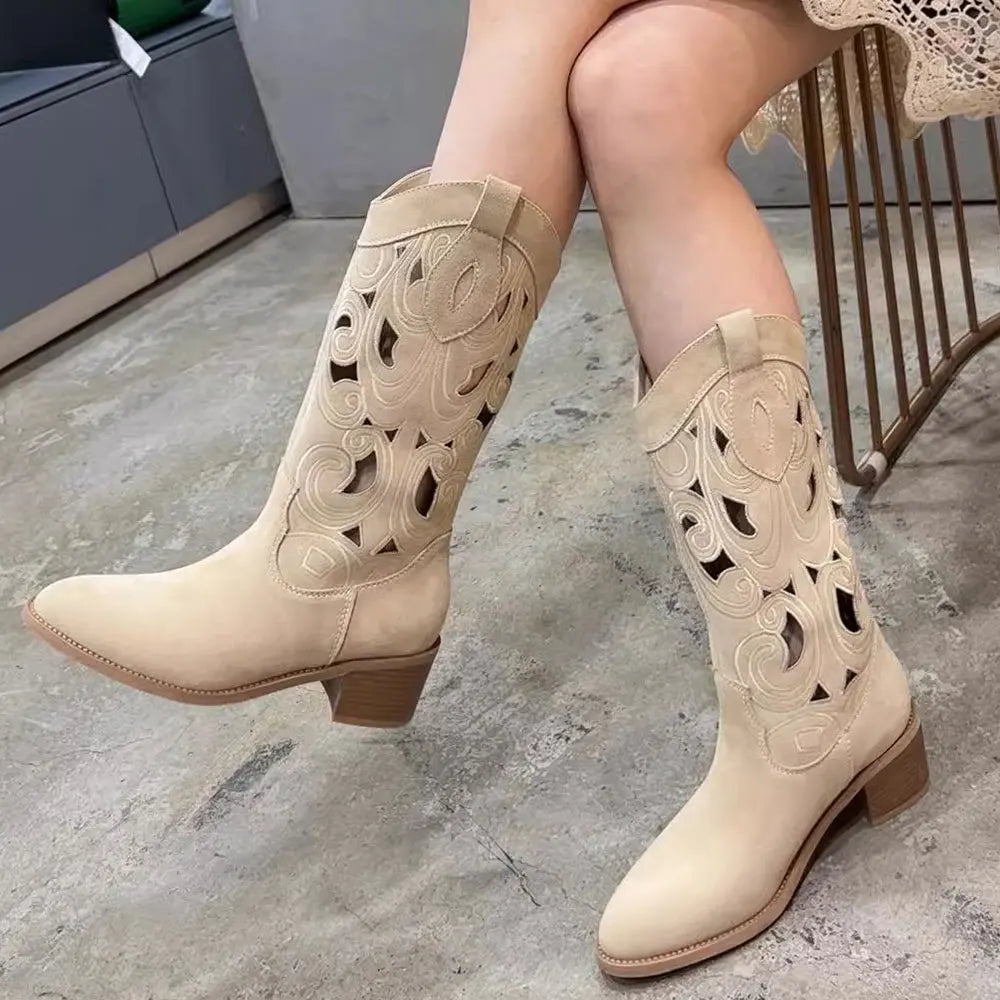 2026 Women's Summer Retro Round Toe Chunky Heels Vegan Suede Western Boots with Hollow Design and Rivets Cowboy Boots Shoes