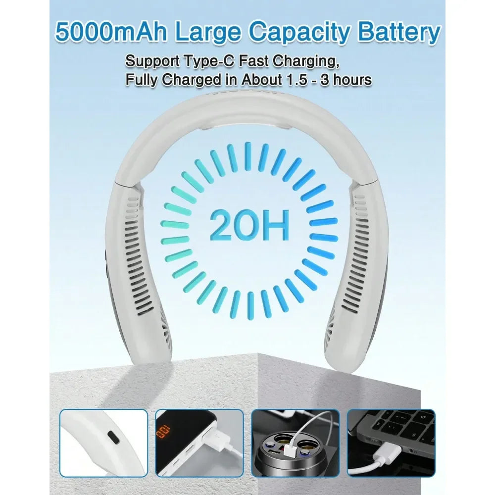 Climatiseur de cou, ventilateur de cou portable 5000 mAh avec flux d'air de refroidissement semi-conducteur Ventilateurs de cou USB sans pales portables rechargeables