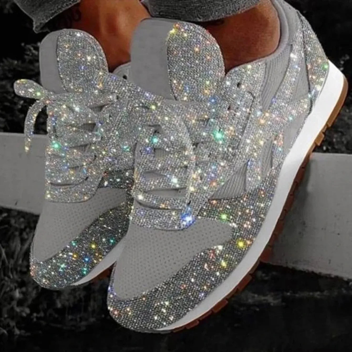2025 New Women Flat Sneakers Casual Bling Vulcanized Shoes Women Mesh Lace Up Platform Plus Size Fashion Outdoor Woman Shoes