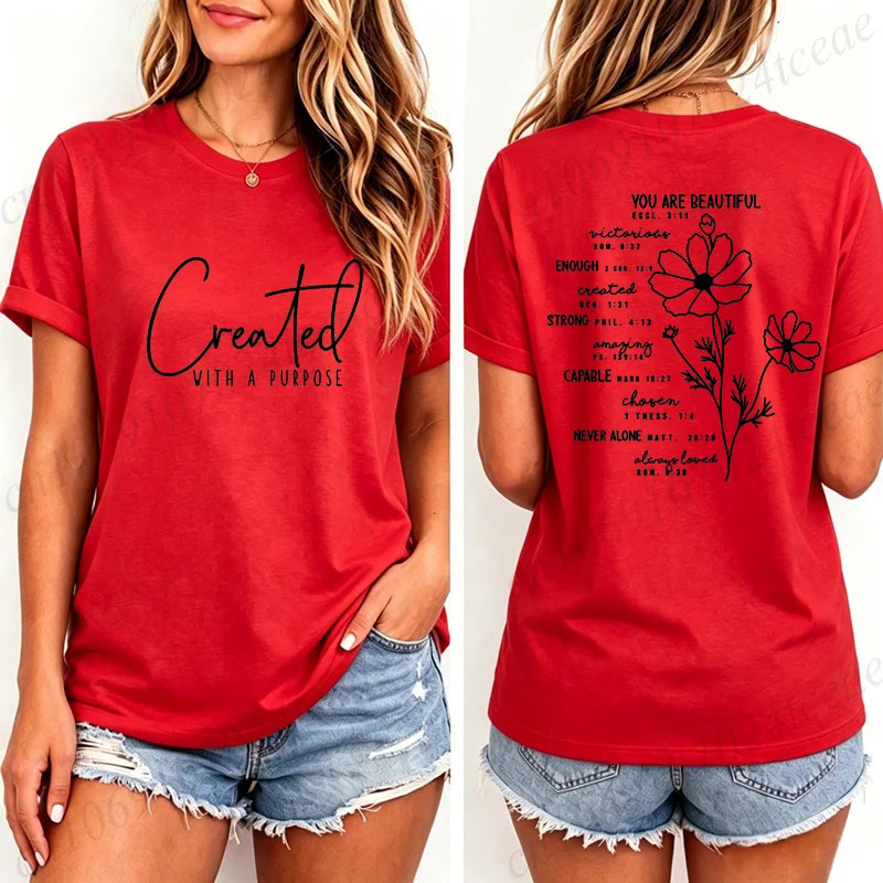 Fashion Women T Shirts Created with A Purpose Print Short Sleeve T-Shirt Faith Aesthetic Tee T-Shirts Inspirational Shirts Tops