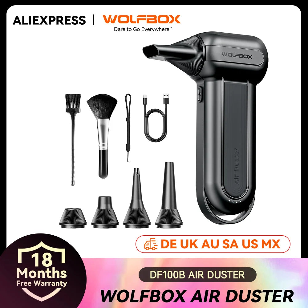 WOLFBOX DF100(MF100-BLACK) Souffleur Portable Puissant Sans Fil, Dépoussiéreur à Air, Vitesse Réglable pour Voiture/PC/Maison/Extérieur